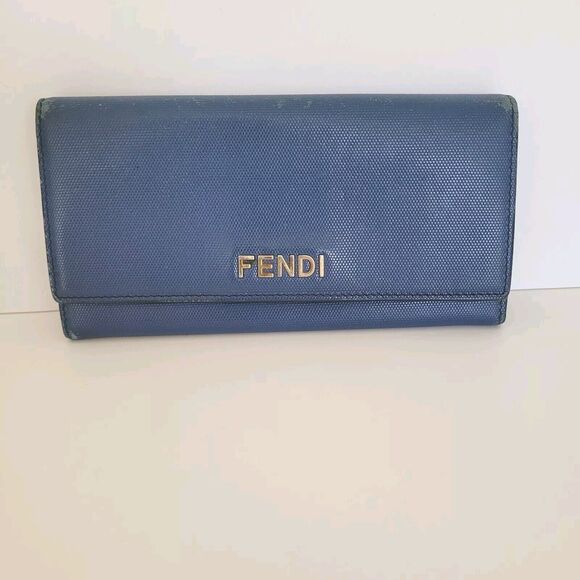 Fendi Wallet Leather Wallet Clutch Solid Blue Envelope Large Logo Modern Authent - Picture 1 of 13